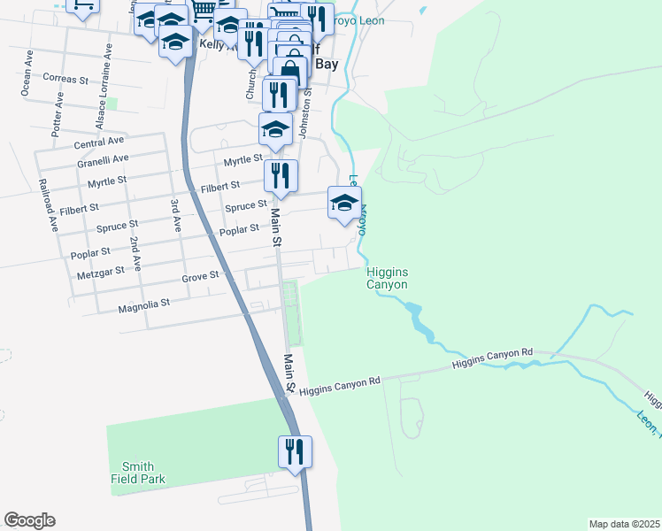 map of restaurants, bars, coffee shops, grocery stores, and more near 1029 Suzanne Court in Half Moon Bay