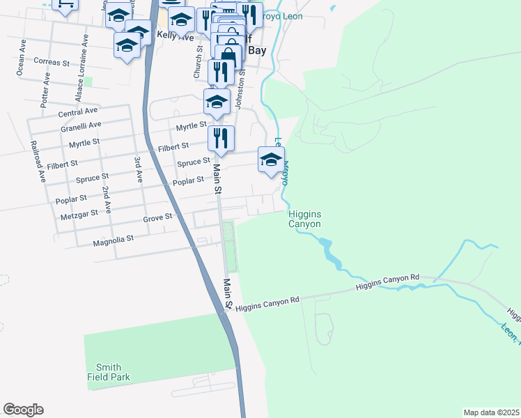 map of restaurants, bars, coffee shops, grocery stores, and more near 1029 Suzanne Court in Half Moon Bay