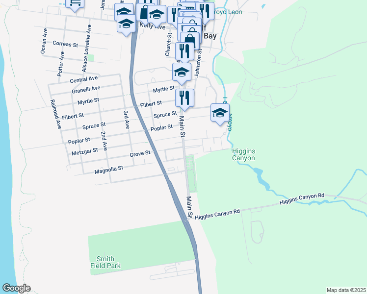 map of restaurants, bars, coffee shops, grocery stores, and more near Grove St & Main St in Half Moon Bay