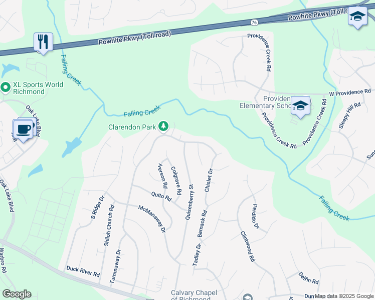 map of restaurants, bars, coffee shops, grocery stores, and more near 2611 Quisenberry Street in Midlothian