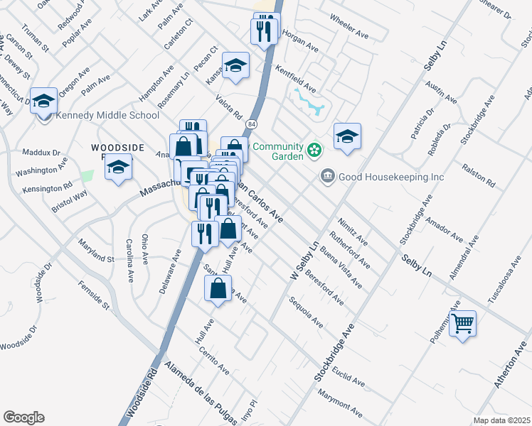 map of restaurants, bars, coffee shops, grocery stores, and more near 250 San Carlos Avenue in Redwood City