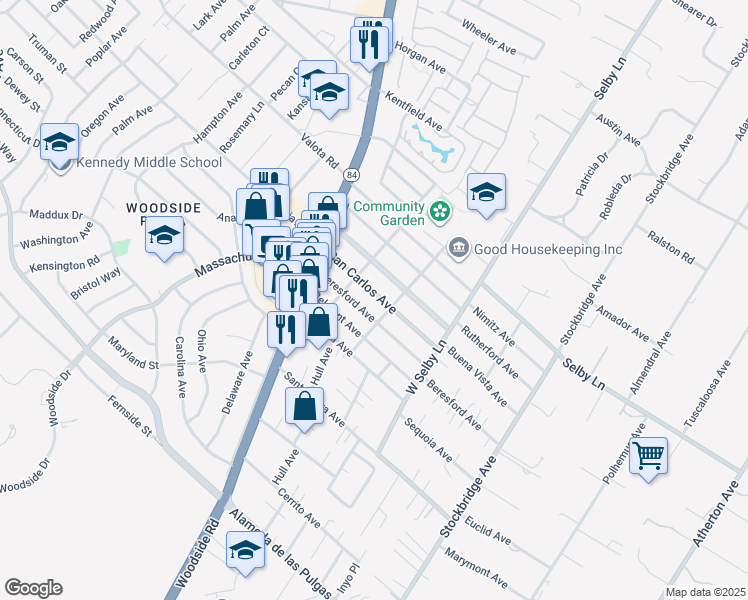 map of restaurants, bars, coffee shops, grocery stores, and more near 250 San Carlos Avenue in Redwood City
