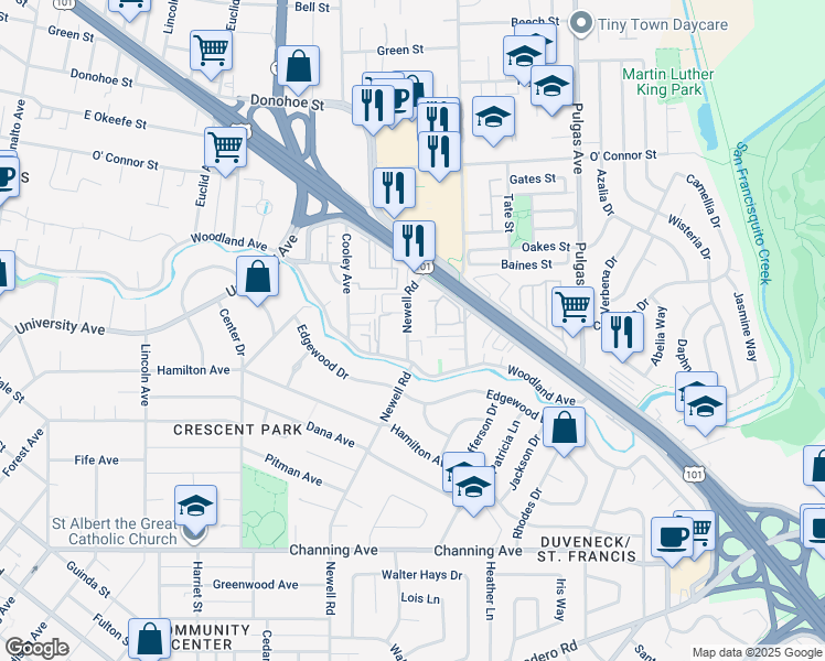 map of restaurants, bars, coffee shops, grocery stores, and more near 30 Newell Road in East Palo Alto