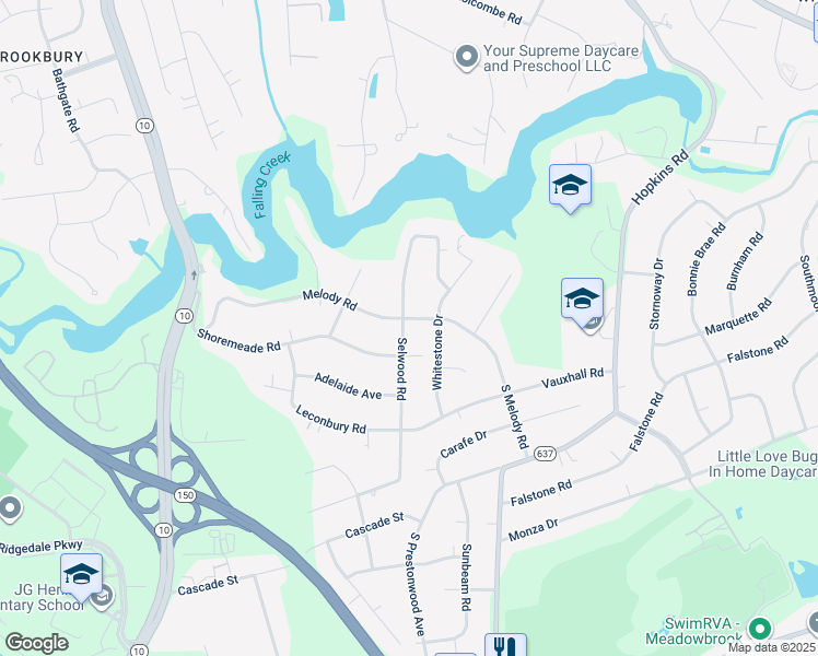 map of restaurants, bars, coffee shops, grocery stores, and more near 4341 Melody Road in Richmond