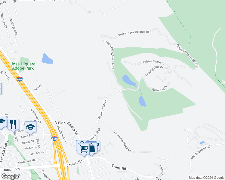 map of restaurants, bars, coffee shops, grocery stores, and more near 1000 Country Club Drive in Milpitas