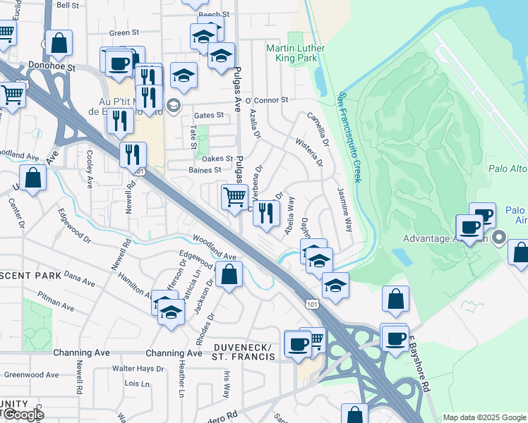 map of restaurants, bars, coffee shops, grocery stores, and more near 148 Verbena Drive in East Palo Alto