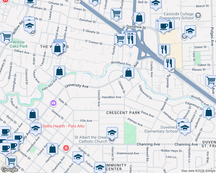 map of restaurants, bars, coffee shops, grocery stores, and more near 550 West Crescent Drive in Palo Alto