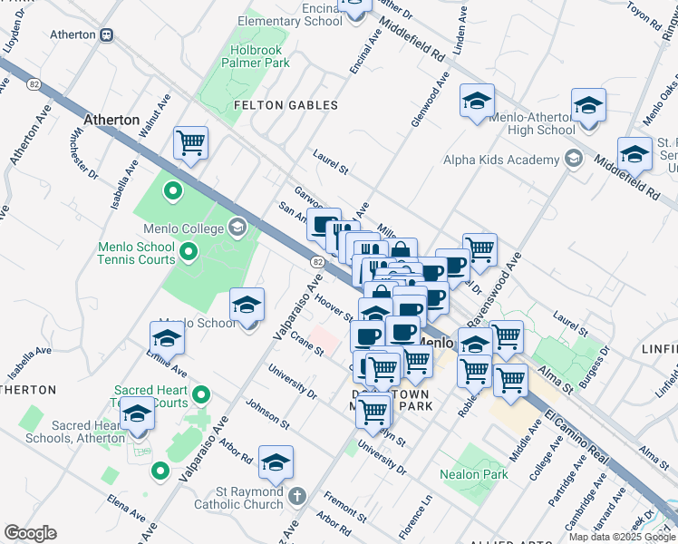 map of restaurants, bars, coffee shops, grocery stores, and more near 1315 El Camino Real in Menlo Park