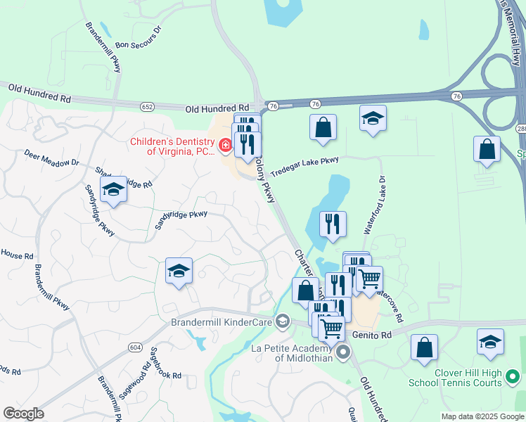 map of restaurants, bars, coffee shops, grocery stores, and more near 2413 Carriage Creek Road in Midlothian