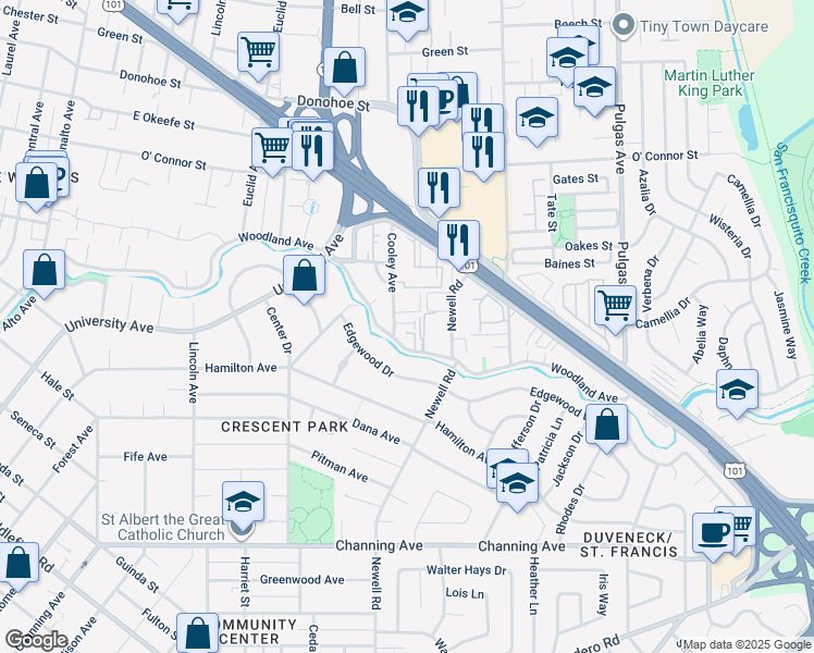 map of restaurants, bars, coffee shops, grocery stores, and more near 1914 Cooley Avenue in Palo Alto
