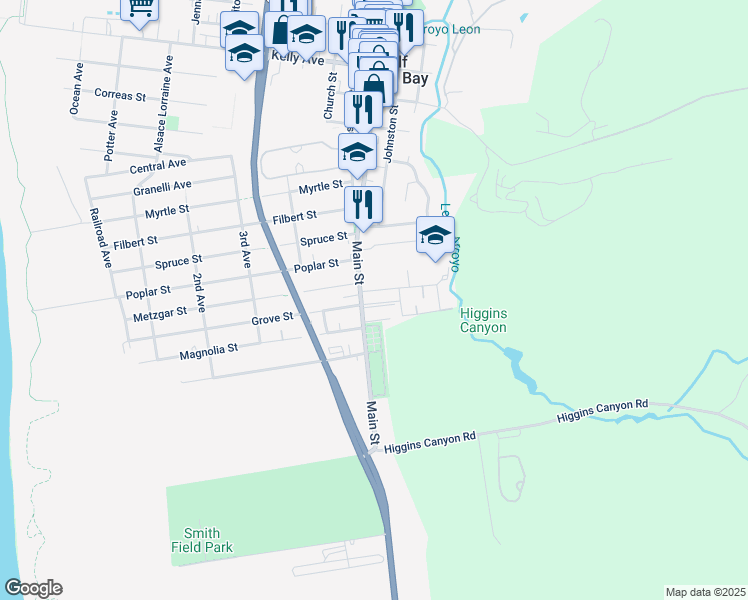 map of restaurants, bars, coffee shops, grocery stores, and more near 1048 Main Street in Half Moon Bay