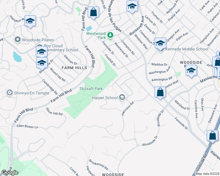 map of restaurants, bars, coffee shops, grocery stores, and more near 3130 Goodwin Avenue in Redwood City