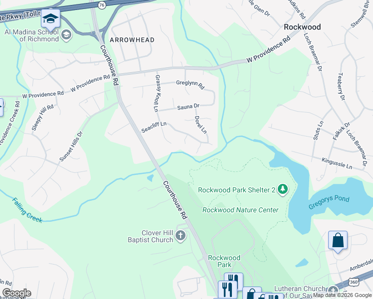 map of restaurants, bars, coffee shops, grocery stores, and more near 2607 Seacliff Court in Richmond