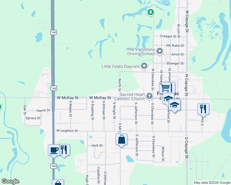 map of restaurants, bars, coffee shops, grocery stores, and more near 101-199 South Wright Street in Frontenac