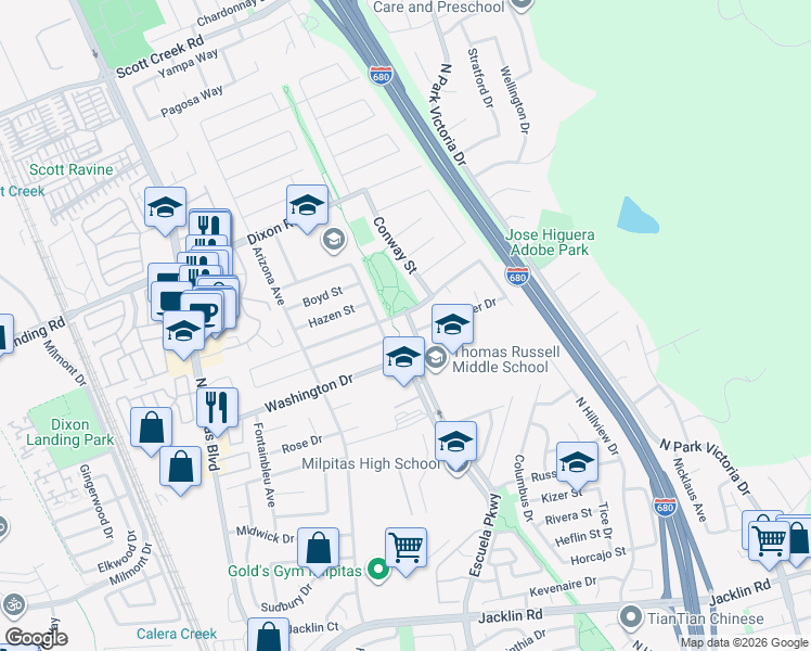 map of restaurants, bars, coffee shops, grocery stores, and more near 1637 Roger Street in Milpitas