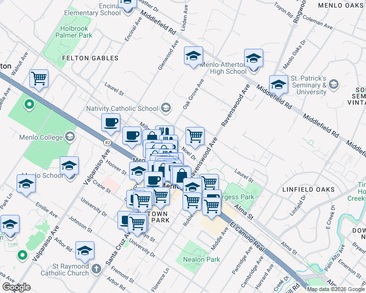 map of restaurants, bars, coffee shops, grocery stores, and more near 1050 Noel Drive in Menlo Park
