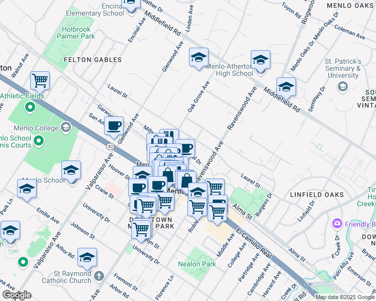 map of restaurants, bars, coffee shops, grocery stores, and more near 1050 Noel Drive in Menlo Park