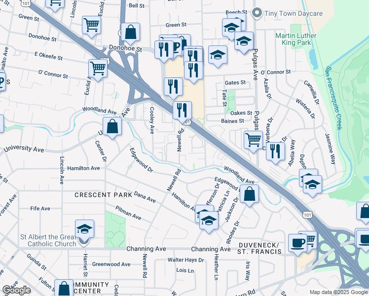 map of restaurants, bars, coffee shops, grocery stores, and more near 30 Newell Road in East Palo Alto
