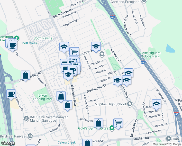 map of restaurants, bars, coffee shops, grocery stores, and more near 165 Coelho Street in Milpitas