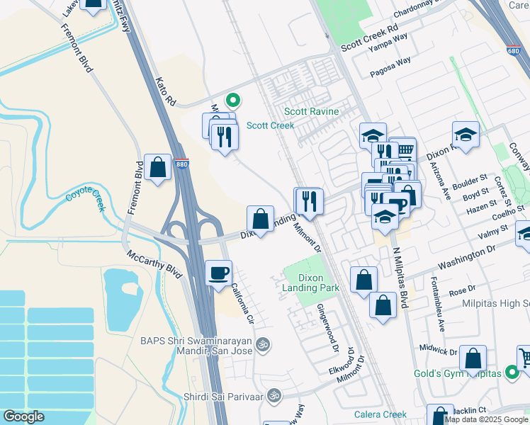 map of restaurants, bars, coffee shops, grocery stores, and more near 434 Dixon Landing Road in Milpitas