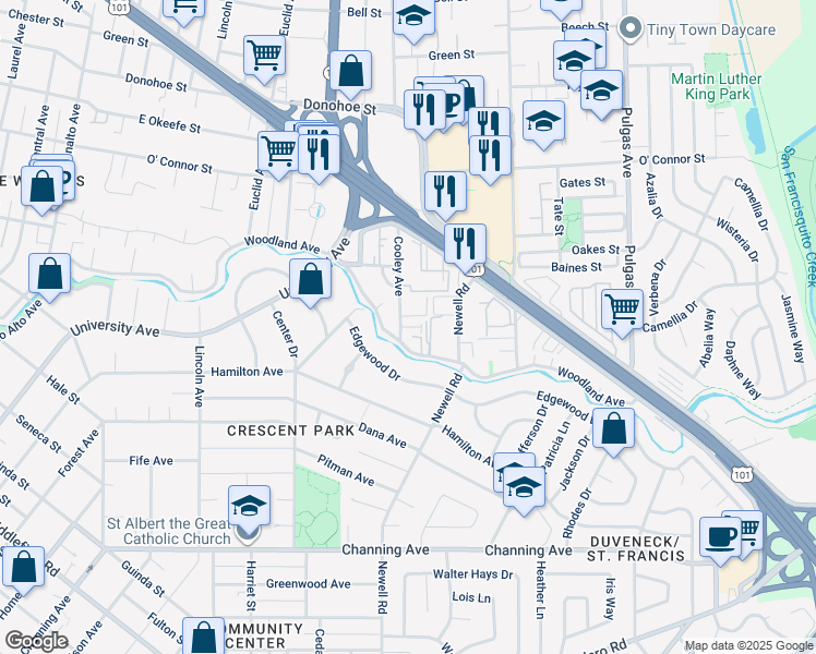 map of restaurants, bars, coffee shops, grocery stores, and more near 1914 Cooley Avenue in Palo Alto