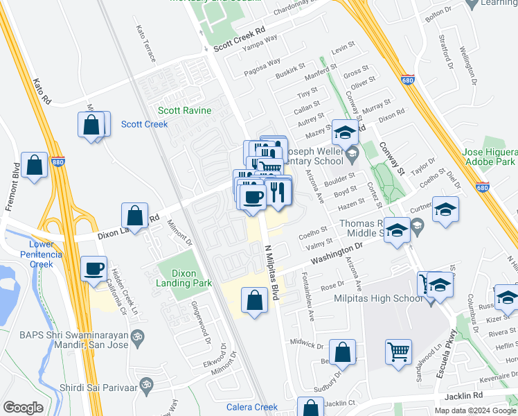 map of restaurants, bars, coffee shops, grocery stores, and more near 1828 N Milpitas Blvd in Milpitas