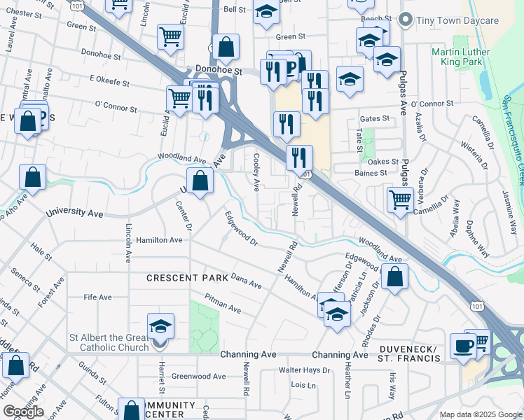 map of restaurants, bars, coffee shops, grocery stores, and more near 1931 Cooley Avenue in Palo Alto