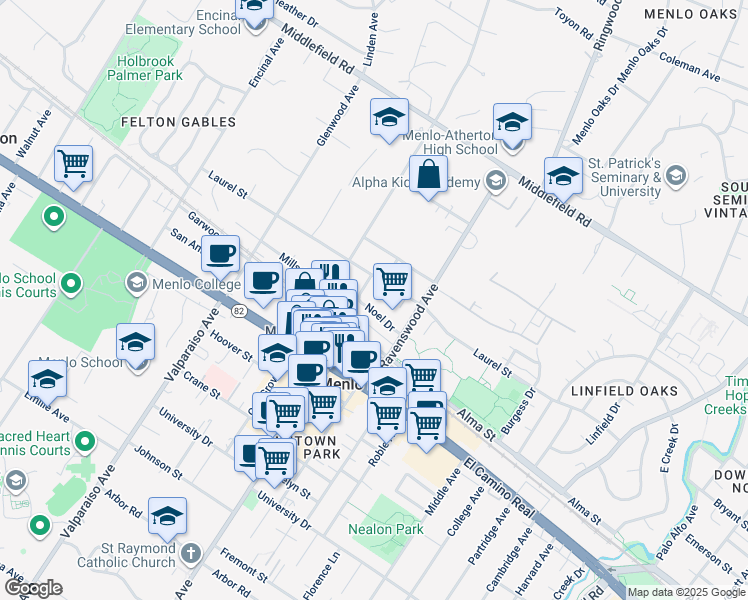 map of restaurants, bars, coffee shops, grocery stores, and more near 1119c Laurel Street in Menlo Park