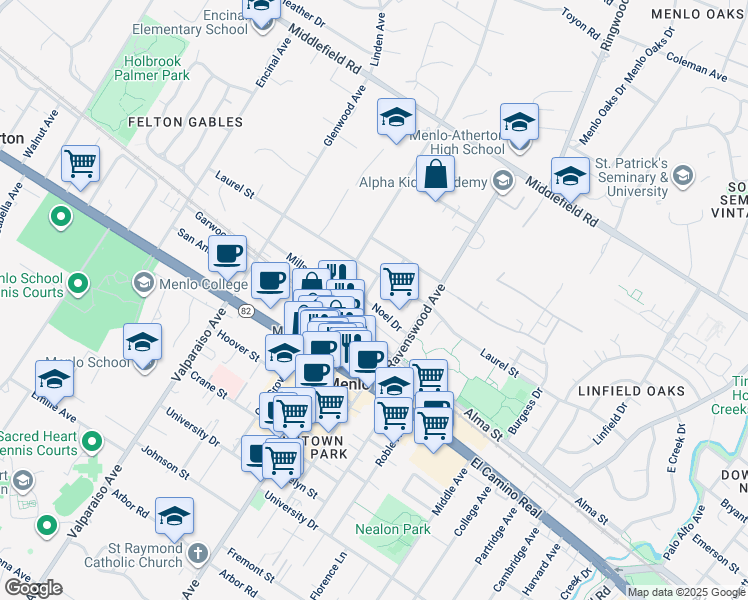 map of restaurants, bars, coffee shops, grocery stores, and more near 1119c Laurel Street in Menlo Park