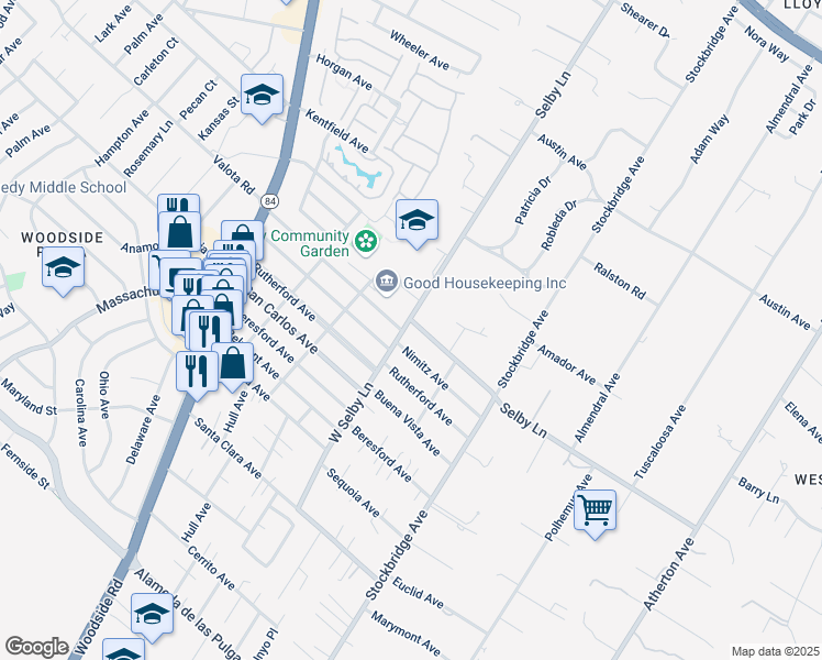 map of restaurants, bars, coffee shops, grocery stores, and more near 200 Selby Lane in Atherton