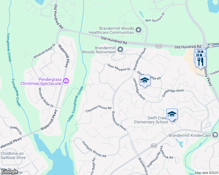 map of restaurants, bars, coffee shops, grocery stores, and more near 14207 Birnam Woods Drive in Midlothian