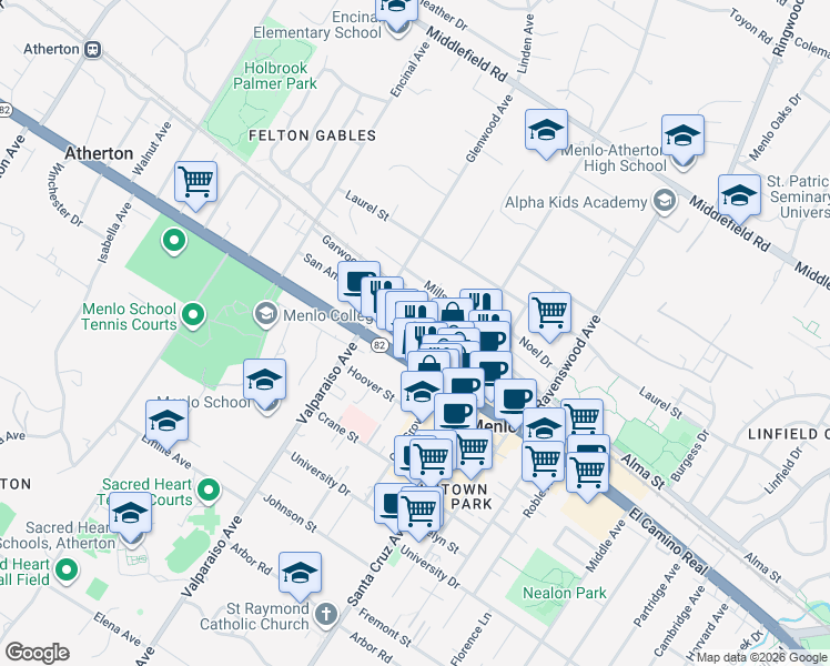 map of restaurants, bars, coffee shops, grocery stores, and more near 1300 El Camino Real in Menlo Park