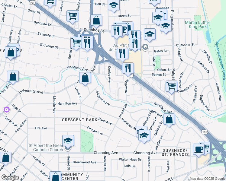 map of restaurants, bars, coffee shops, grocery stores, and more near 1931 Cooley Avenue in Palo Alto