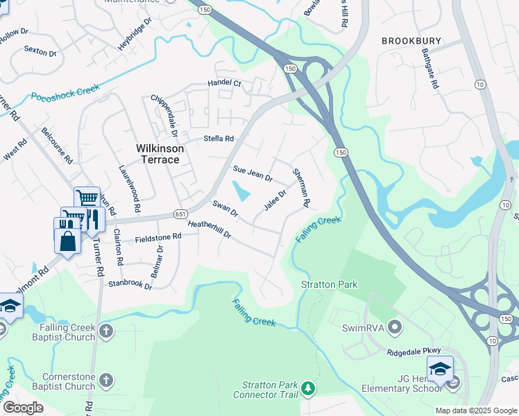map of restaurants, bars, coffee shops, grocery stores, and more near 4366 Jalee Drive in Richmond