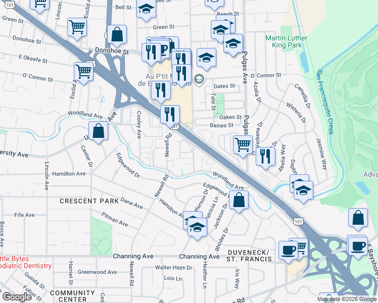 map of restaurants, bars, coffee shops, grocery stores, and more near 142 Mission Drive in East Palo Alto