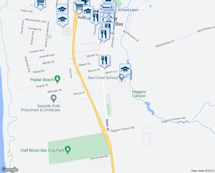 map of restaurants, bars, coffee shops, grocery stores, and more near 724 Arnold Way in Half Moon Bay