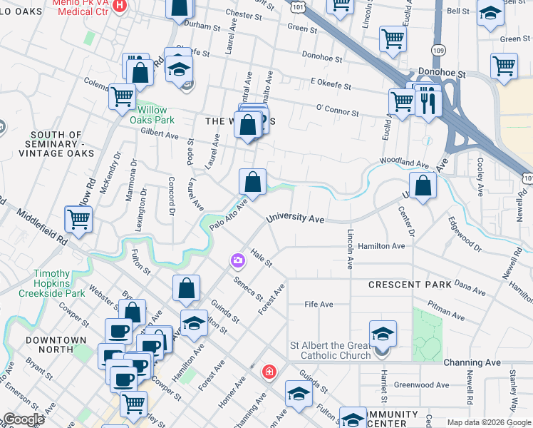 map of restaurants, bars, coffee shops, grocery stores, and more near 1144 Palo Alto Avenue in Palo Alto