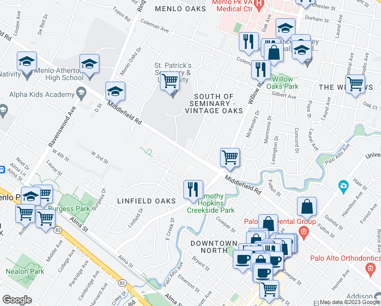 map of restaurants, bars, coffee shops, grocery stores, and more near Middlefield Rd & Santa Monica Ave in Menlo Park