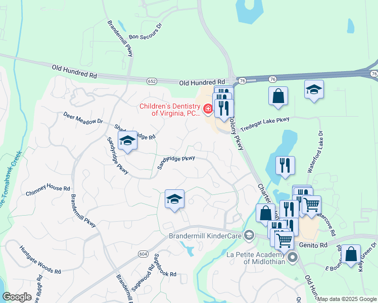 map of restaurants, bars, coffee shops, grocery stores, and more near 2302 Arrowood Road in Midlothian