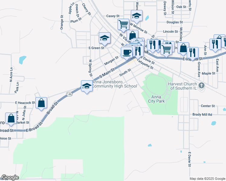 map of restaurants, bars, coffee shops, grocery stores, and more near 201 East High Street in Anna
