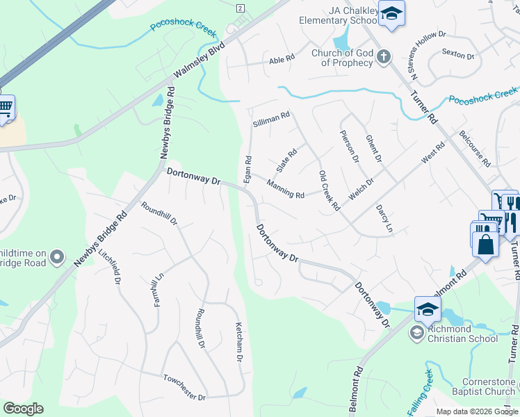 map of restaurants, bars, coffee shops, grocery stores, and more near 7200 Madras Court in Chesterfield