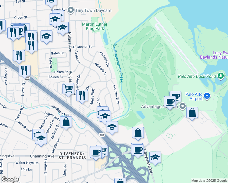 map of restaurants, bars, coffee shops, grocery stores, and more near 159 Jasmine Way in East Palo Alto