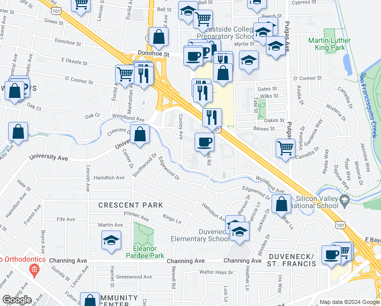 map of restaurants, bars, coffee shops, grocery stores, and more near 1931 Cooley Avenue in Palo Alto
