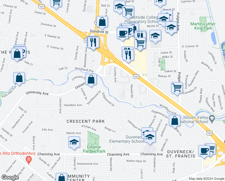 map of restaurants, bars, coffee shops, grocery stores, and more near 1931 Cooley Avenue in Palo Alto