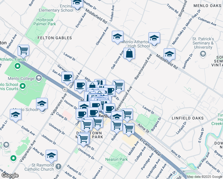 map of restaurants, bars, coffee shops, grocery stores, and more near 1119c Laurel Street in Menlo Park