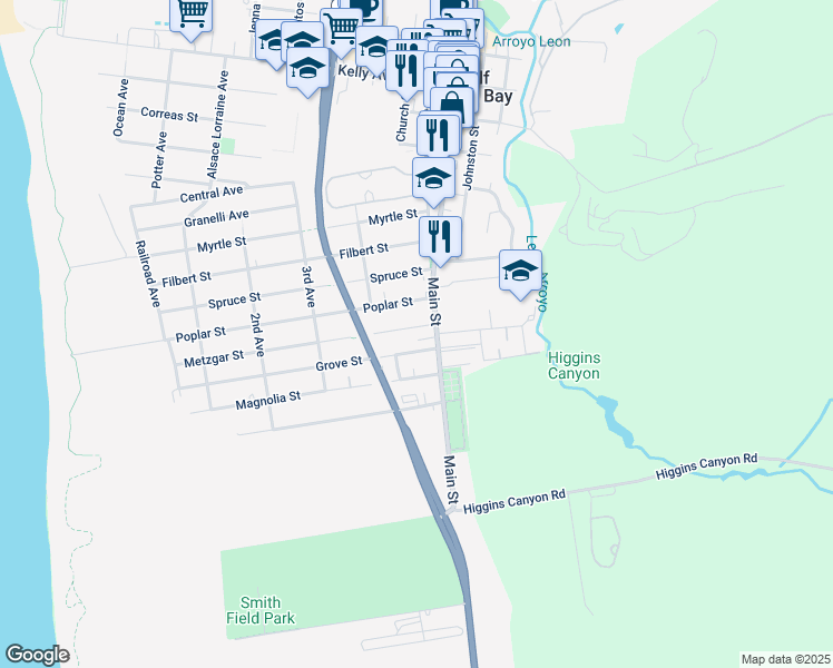 map of restaurants, bars, coffee shops, grocery stores, and more near 624 Poplar Street in Half Moon Bay