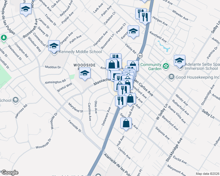 map of restaurants, bars, coffee shops, grocery stores, and more near 1943 Kentucky Street in Redwood City