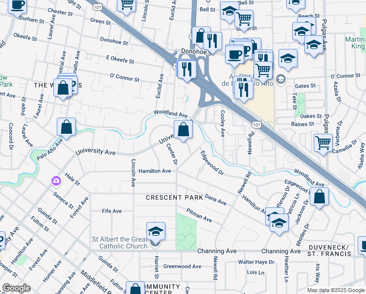 map of restaurants, bars, coffee shops, grocery stores, and more near 548 East Crescent Drive in Palo Alto