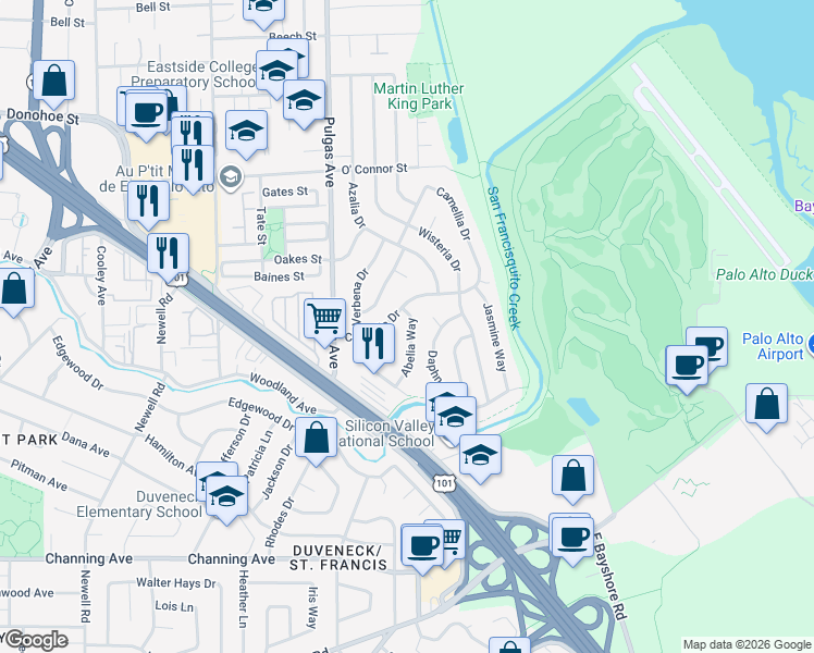 map of restaurants, bars, coffee shops, grocery stores, and more near 172 Abelia Way in East Palo Alto
