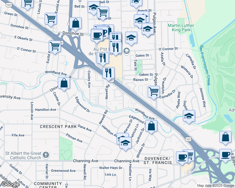 map of restaurants, bars, coffee shops, grocery stores, and more near 66 Newell Road in East Palo Alto
